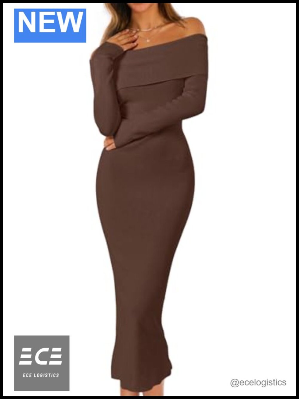 Off Shoulder Long Sleeve Bodycon Midi Sweater Dress Ribbed Knit